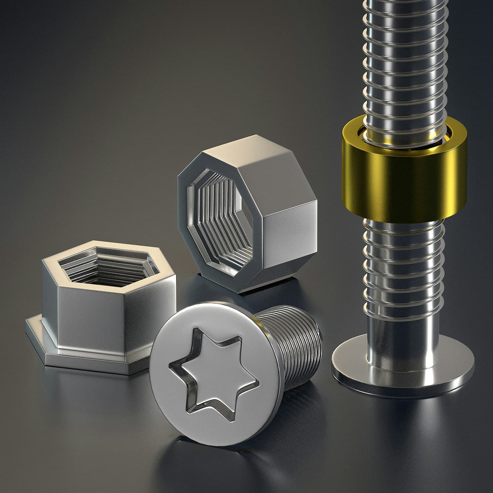 An assortment of nuts, a screw, and a dowel pin
